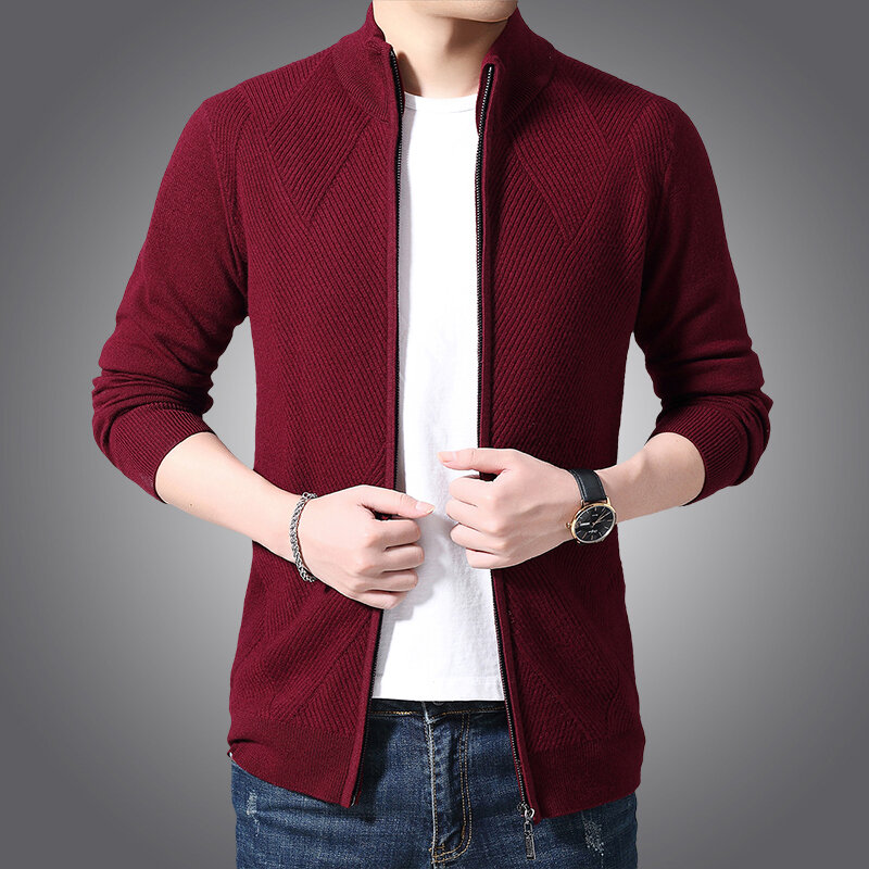Men's cardigan 100% pure wool knitted coat winter young and middle-aged zipper stand collar  sweater