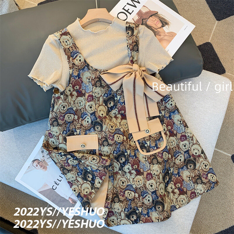 Conjunto de dos piezas de vestido para mujer, camiseta de manga corta con estampado de oso bonito, chaleco con lazo, trajes holgados, novedad de verano