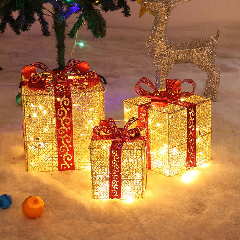 LMC 3 pz/set decorazione confezione regalo ornamenti con luci a LED scatola regalo vuota in ferro luminoso forniture per Festival scatola regalo con Layout di scena Consegna rapida ricevuta