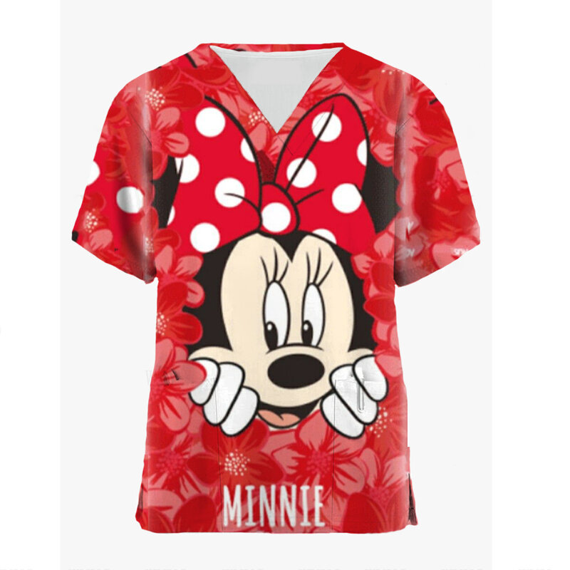 Women's Tops with Pockets V Neck Disney Mickey Minnie Print Scrub Uniform Nurse Women's Short Sleeve Shirt Ladies Overalls