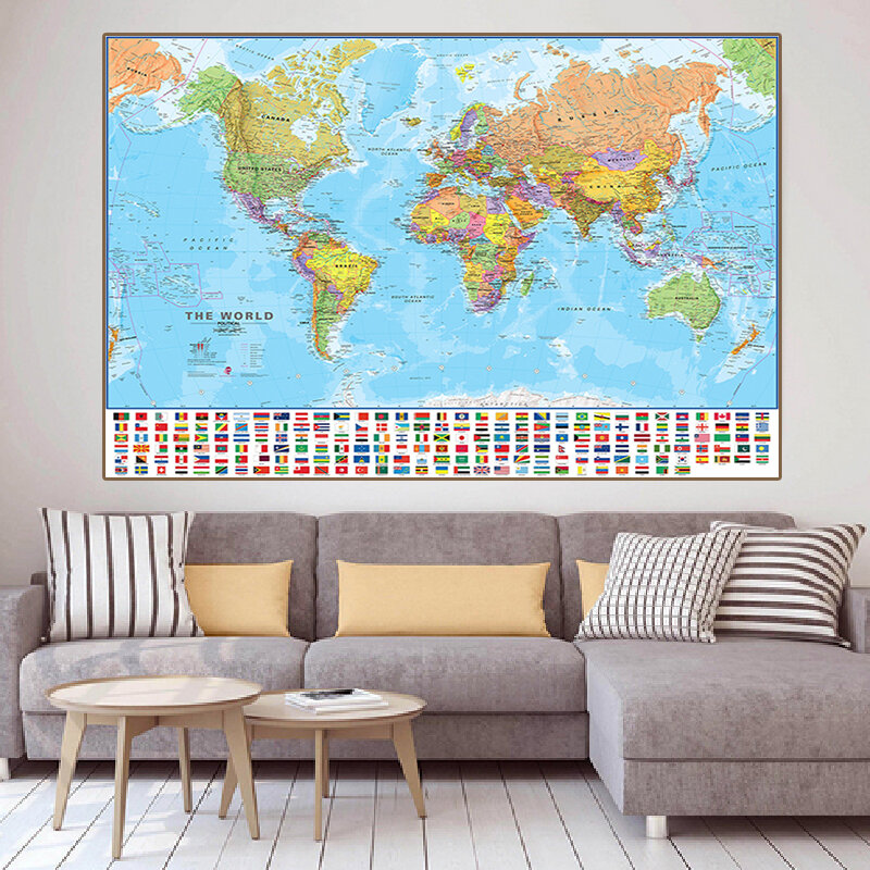 Mapa política del mundo con banderas nacionales, lienzo no tejido, póster grande, suministros escolares, decoración del hogar, 225x150cm