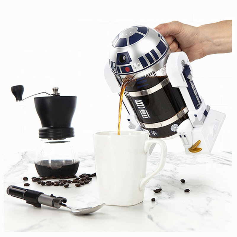 Máquina de café Manual Moka de 960ml, Robot de guerra de dibujos animados de R2-D2, Mini cafetera térmica de prensado de acero inoxidable para oficina y hogar