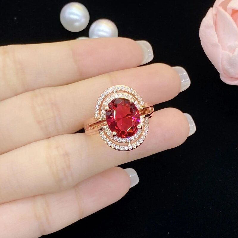 New Luxury Group Inlaid Zircon Simulation Red Tourmaline Color Treasure Open Ring Female Temperament Fashion Live Mouth Ring