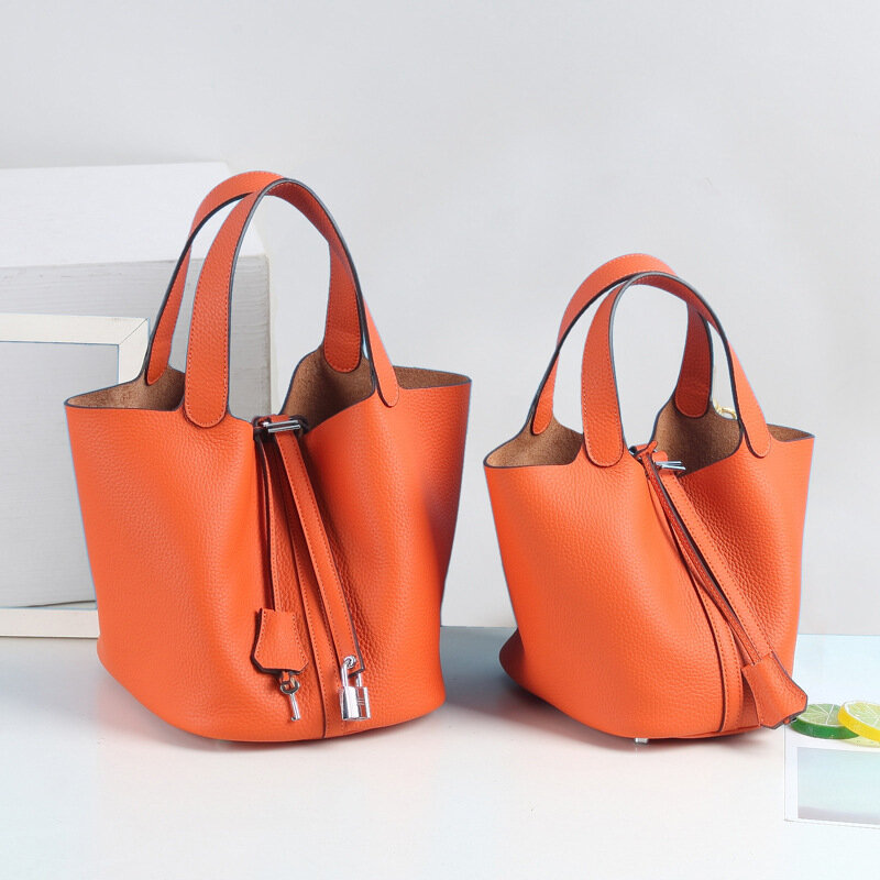 Bolso de mano con cesta de verduras para mujer, bolsa de cuero genuino con diseño de lichi dorado y plateado, a la moda, de marca de lujo