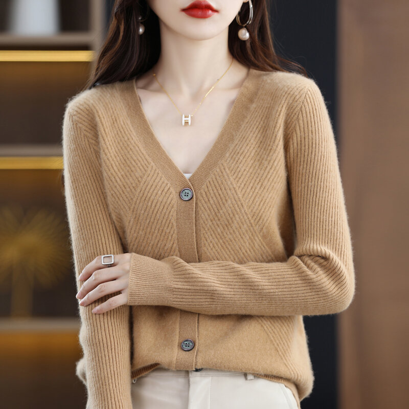 Novo outono e inverno cashmere cardigan feminino com decote em v diagonal manga longa solta moda lã malha camisa de fundo casaco