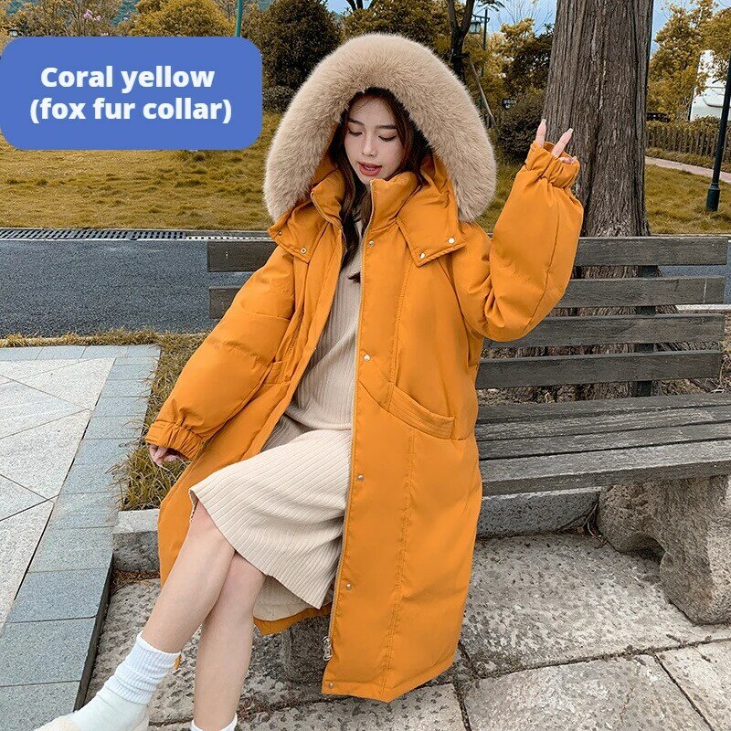 Down Jacket Women Hooded Thickened 2023 90% White Duck Down Fox Fur Collar Long Coral Yellow Large Coats Color Warm Soft Jackets