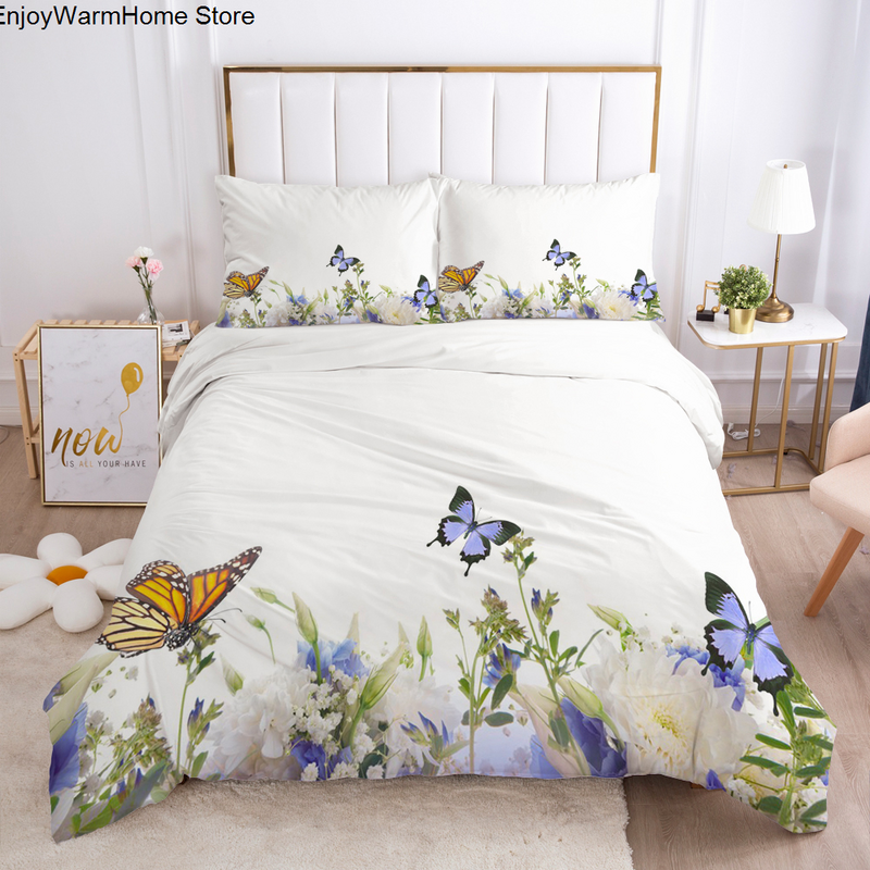 Модный комплект постельного белья, пододеяльник с цветами, бабочками, листьями, наволочка, одеяло/пододеяльник, роскошный, с 3D принтом, реактивный, Королевский, односпальный