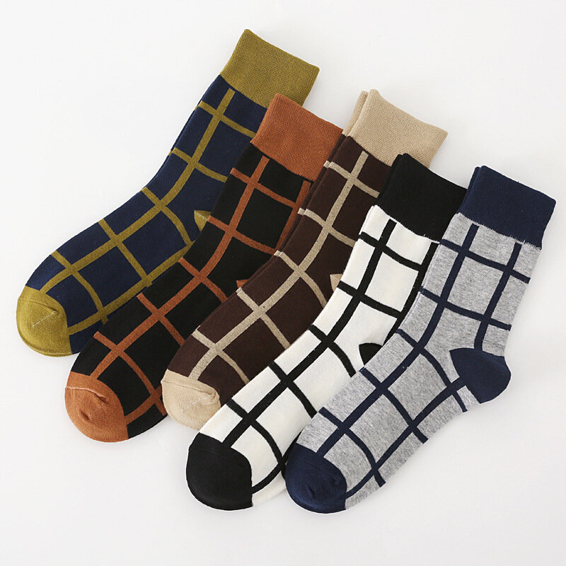 5 pares outono e inverno masculino meias xadrez no tubo maré meias moda espessamento quente meias esportivas de alta qualidade