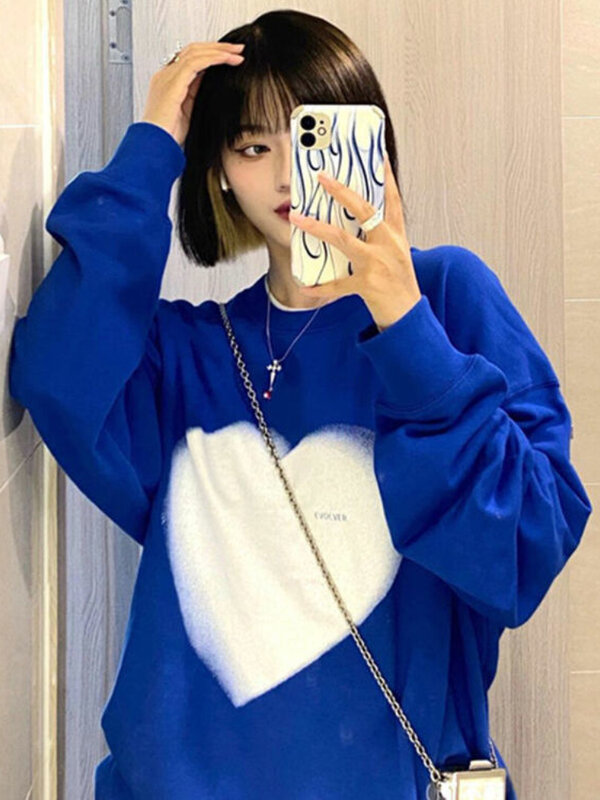 Deeptown coreano moda coração impressão hoodies harajuku hip hop camisolas de grandes dimensões solto casual manga longa o-pescoço topos bf