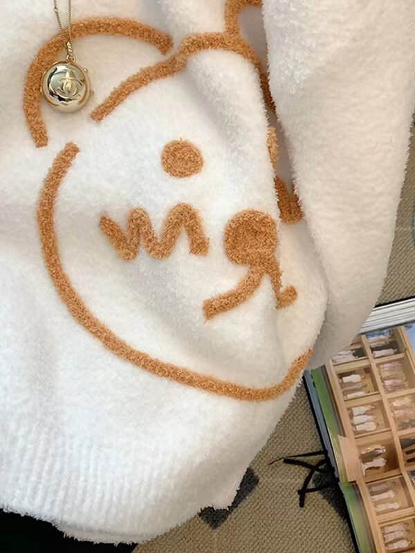 Sweter Pullover Rajutan Desain Lengan Panjang Longgar Jumper Pakaian Rajut Motif Kucing Warna Kontras Leher Kru Baru Musim Gugur Musim Dingin Wanita