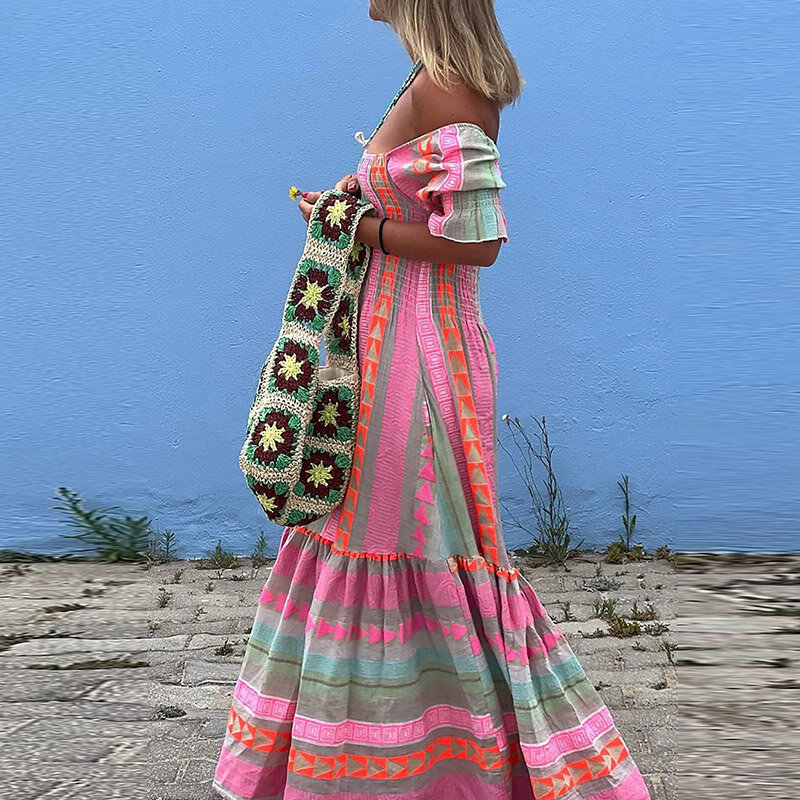 Letnia sukienka plażowa Bohe z krótkim rękawem damska z kieszeniami Maxi sukienka elegancka nadruk geometryczny kwadratowy kołnierzyk długa sukienka