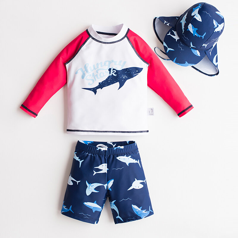 Kinder Badeanzug Freies Sonnenschutz Hut 2022 Neue Sommer UV Badeanzug Junge Baby 3-stück Shark Streifen Druck nette Kinder Bademode