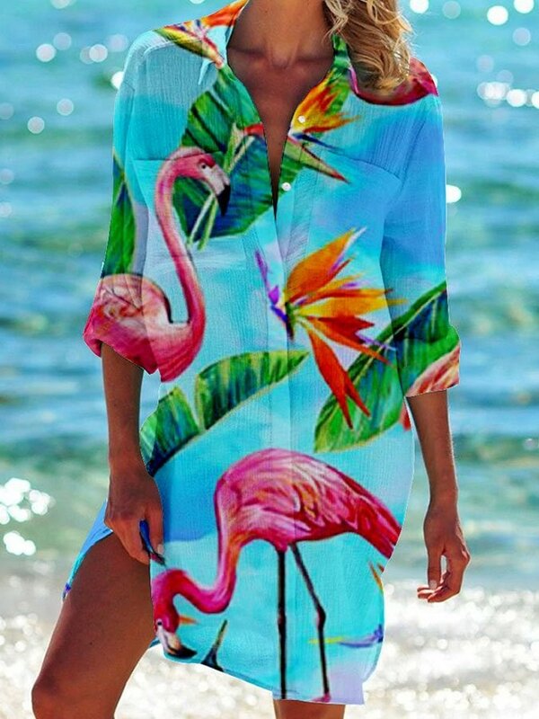 Moda feminina verão blusas de manga longa virar para baixo blusa botão acima da camisa do escritório outwear praia protetor solar blusa bolso boho topos