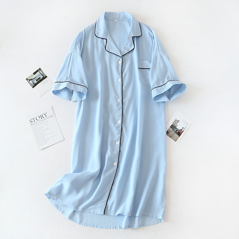 Camisón de manga corta para mujer, ropa de dormir con botones, cuello vuelto, informal, Color sólido, camisón Suelto