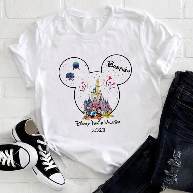 Família Disney T-shirts 2023 Mickey Minnie Verão Férias Disneyland Roupas Papai Mamãe Irmão Irmã Combinando T Shirt Conjuntos