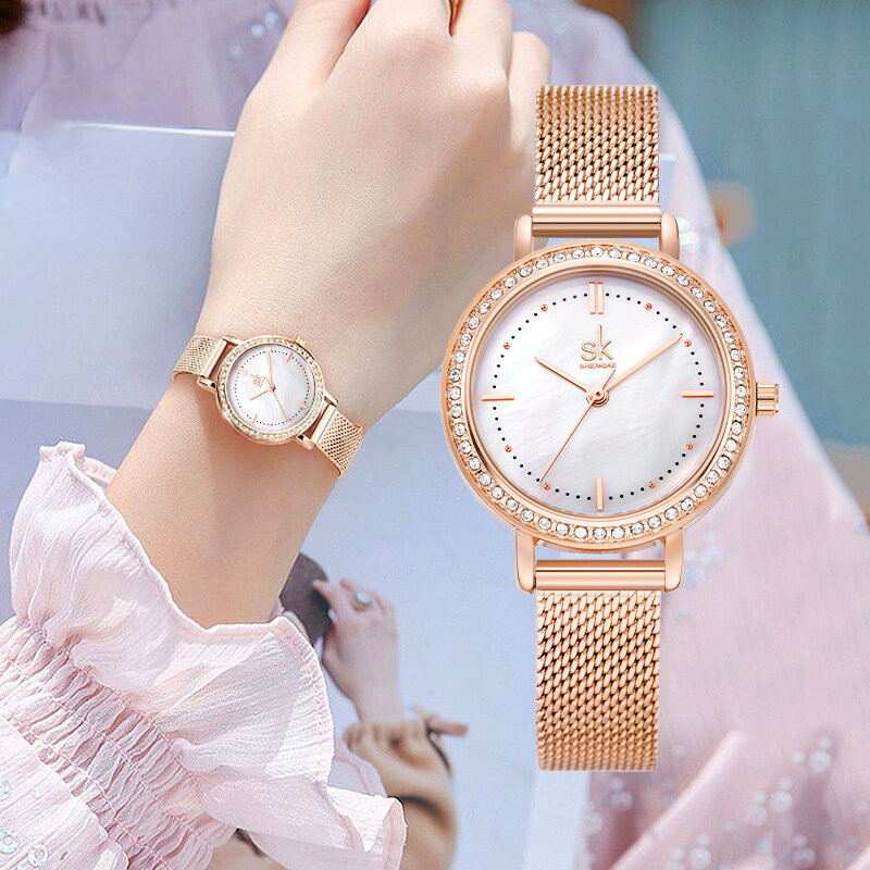 Zegarek damski ze stopu okrągła tarcza lekka luksusowa moda elegancki temperament pasek z siatki damski zegarek