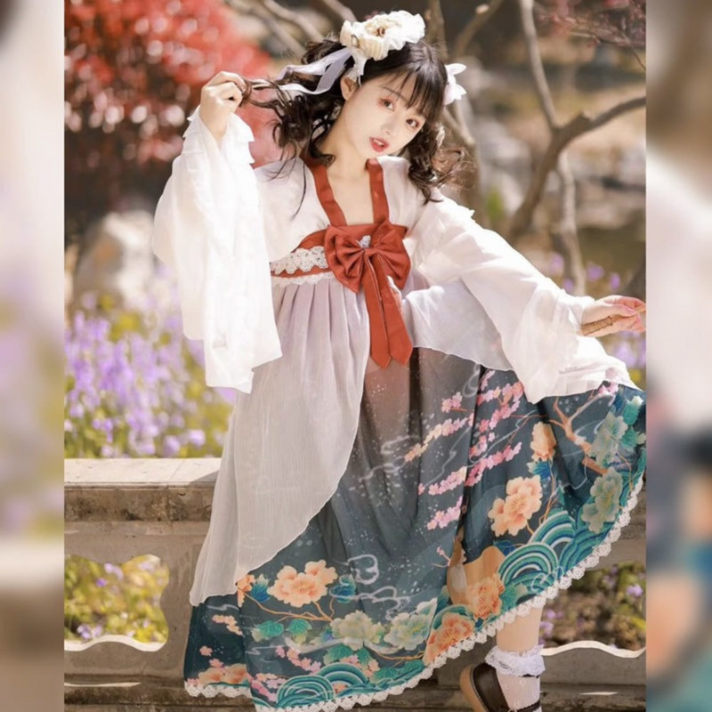 Hanfu 여성은 매일 인쇄 중국어 가슴 길이 봄 여름 일본 과자 로리타 스타일 드레스를 개선