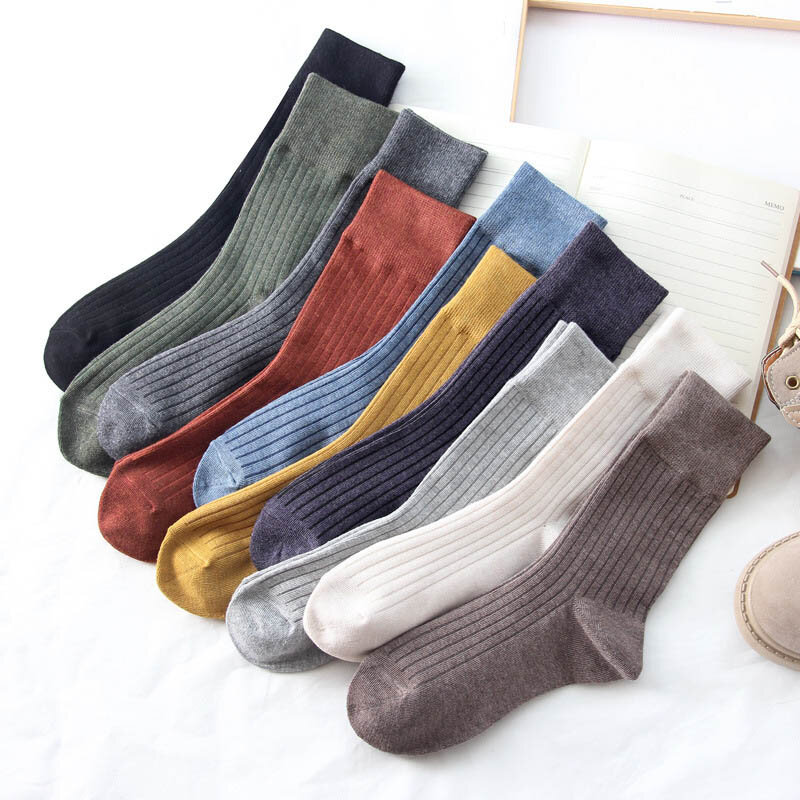 Классические новые свободные носки, женские хлопковые вязаные однотонные Дышащие носки в японском стиле в рубчик, базовые повседневные женские длинные носки на 4 сезона