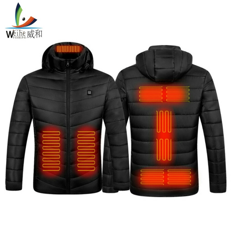 Jaqueta com capuz elétrica 9 áreas de aquecimento usb jaqueta impermeável à prova vento quente usb elétrico para acampamento ao ar livre caminhadas