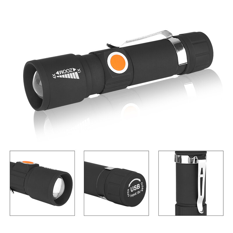 Portable Flashlight Tail USB Torch Portable Zoom LED Torch Waterproof Flashlight of 3 Modes with Built-in Battery for Camping