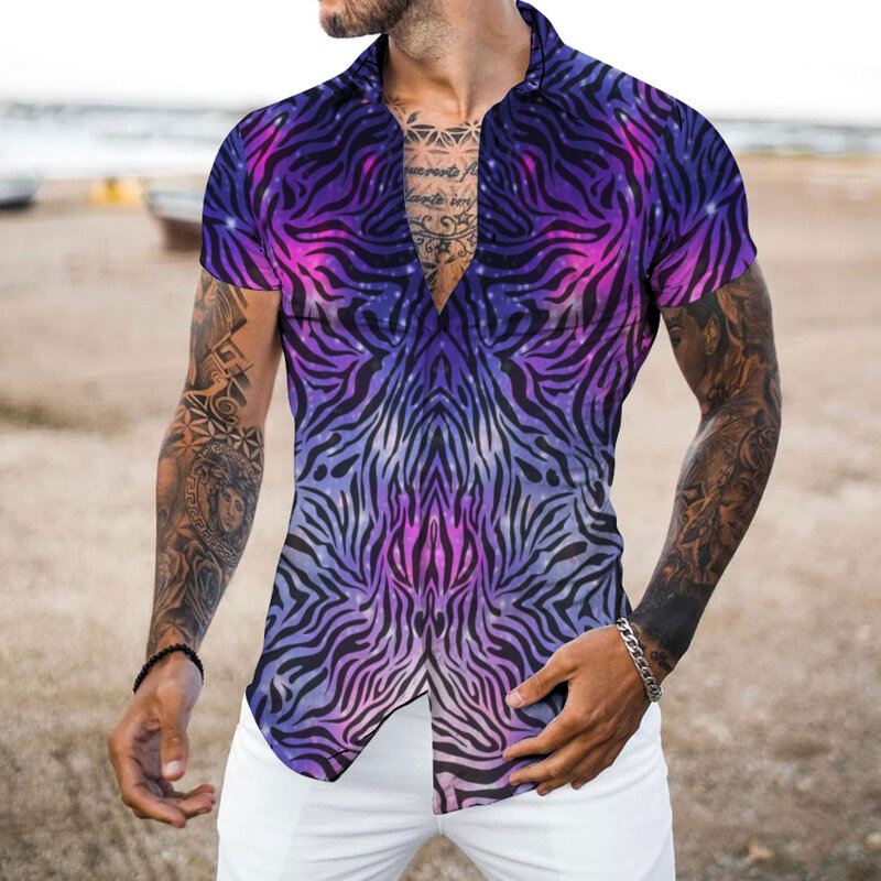 Camisas de talla grande para hombre, camisa con cuello vuelto y botones, estampado Digital, informal, Tops de manga corta, ropa de calle