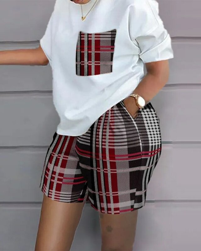 Kobiety dorywczo krótkim rękawem strój 2023 lato moda nadrukowane litery O Neck kieszeń garnitur kobiet T Shirt Top szorty dwa kawałki zestaw