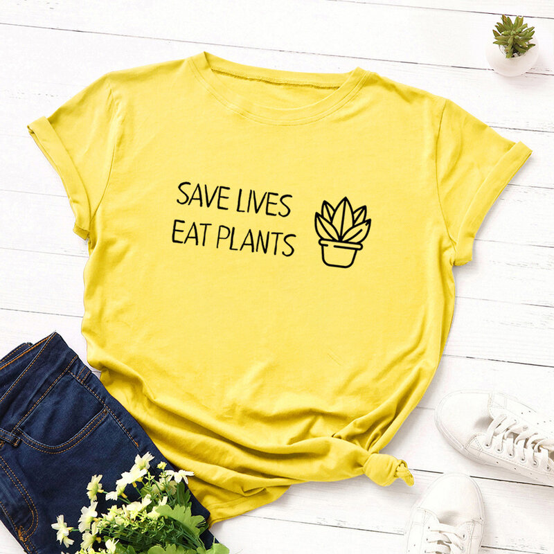 Camiseta con estampado de Save Lives Eat Plants para Mujer, blusa holgada de manga corta con cuello redondo para Mujer, ropa para Mujer