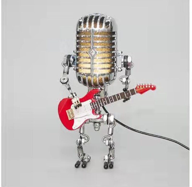 Retro Wrought Iron Playing Guitar Microphone Robot Model Led Light Luminous Decoration Ornaments Home Decoration Accessories
