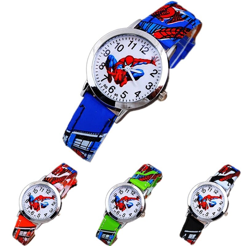 Reloj de dibujos animados para niños, pulsera de cuarzo con correa de cuero de Spiderman, resistente al agua, regalo para niños