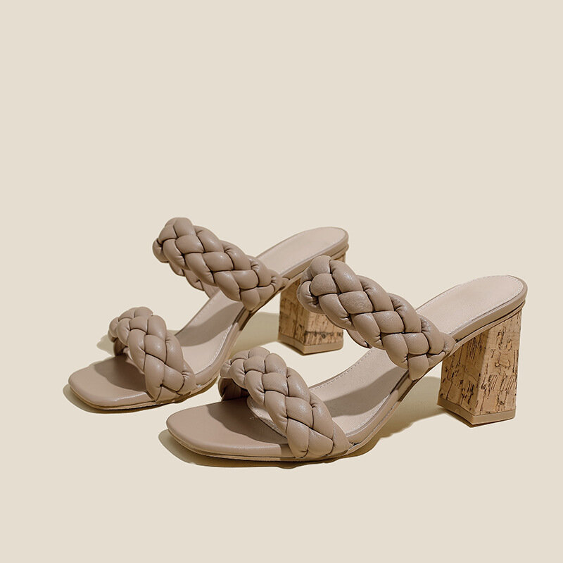 Sandalias de tacón grueso y grande tejidas con punta abierta y Cabeza Cuadrada, novedad, Verano