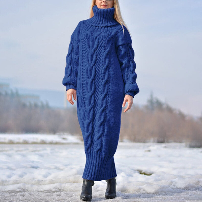 سترة فستان المرأة كم طويل الرقبة عالية بلوفر مغزول فستان لينة الدافئة بلون كبير Bodycon البلوز فستان