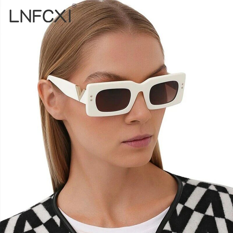 Lnfcxi moda feminina marca de luxo retângulo óculos de sol senhoras do vintage v forma perna quadro óculos sol feminino uv400 tons preto