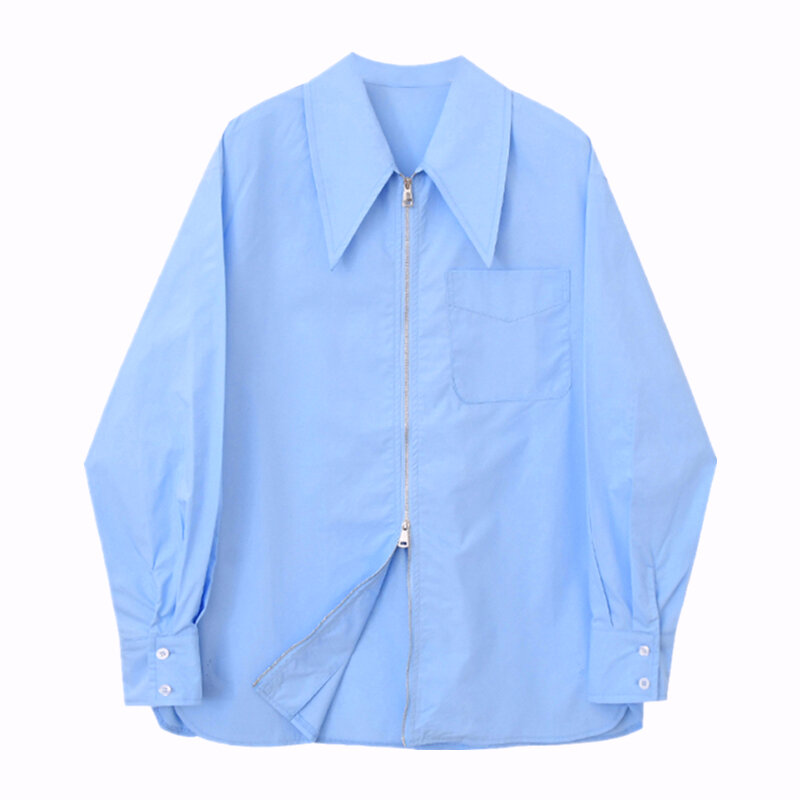 Camisa azul design feminino sentido duplo zíper cabeça primavera e verão novo solto protetor solar de manga comprida blusa branca feminina simples