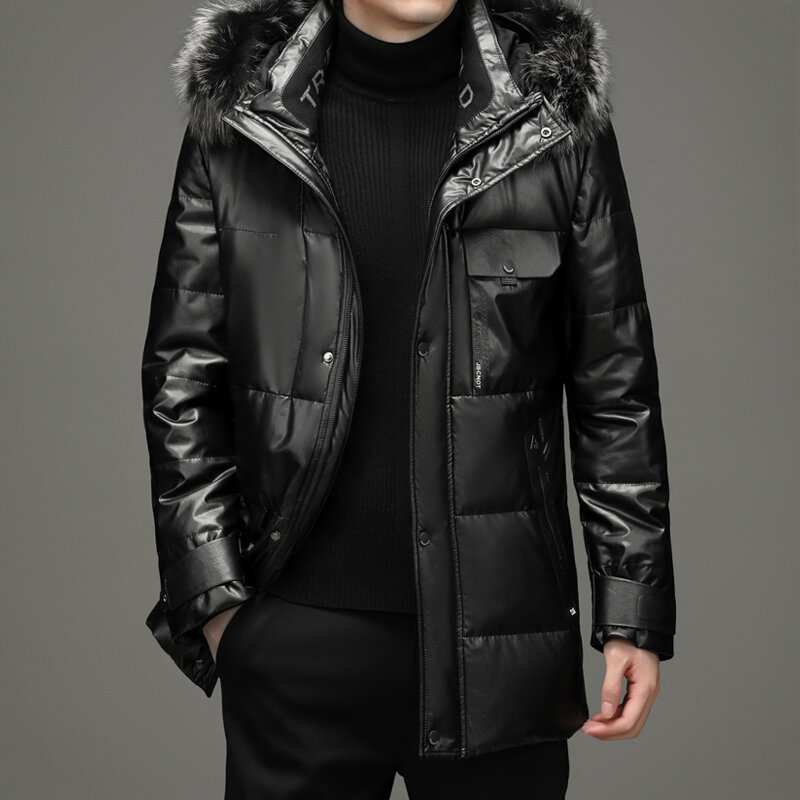 Chaqueta de plumón de cuero para hombre, chaqueta de cuero de lujo con capucha de longitud media, con cuello de piel, cálida e informal, novedad de invierno