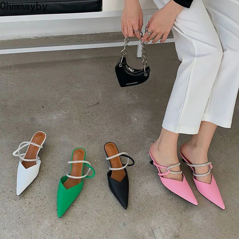 Zapatillas de tacón con diamantes de imitación para mujer, zapatos de punta estrecha, elegantes, deslizantes, de pasarela, 2022