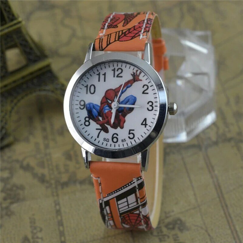 Reloj de dibujos animados para niños, pulsera de cuarzo con correa de cuero de Spiderman, resistente al agua, regalo para niños