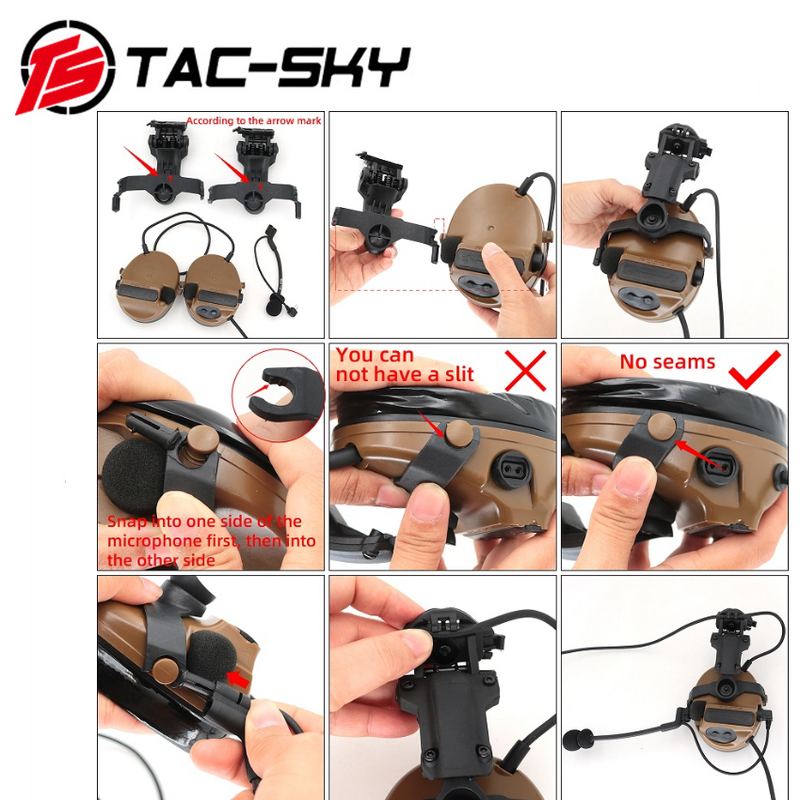 TS TAC-SKY COMTAC II COMTAC III Headset Tactical Noise Cancelling Pickup Hunting Shooting Headset Helmet ARC Rail Adapter-BK
