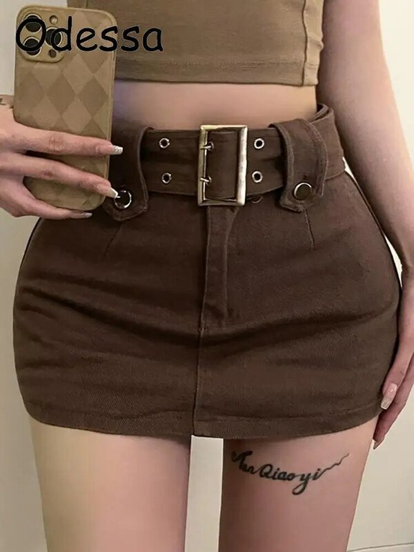 Odessa Y2K Aesthetics Basic Belted High Waist Basic Belted Micro Skirts Women A-Line Skirt E-Girl Denim Cute Bottoms Clubwear