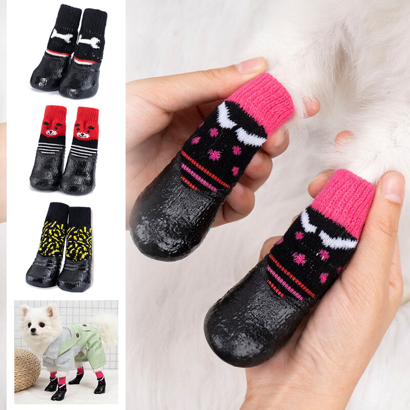 4Pcs/set Cute Pet Dog Shoes Rubber Cotton Socks Waterproof Non-slip Dog Rain Snow Boots Socks Footwear For Puppy Small Cats Dogs