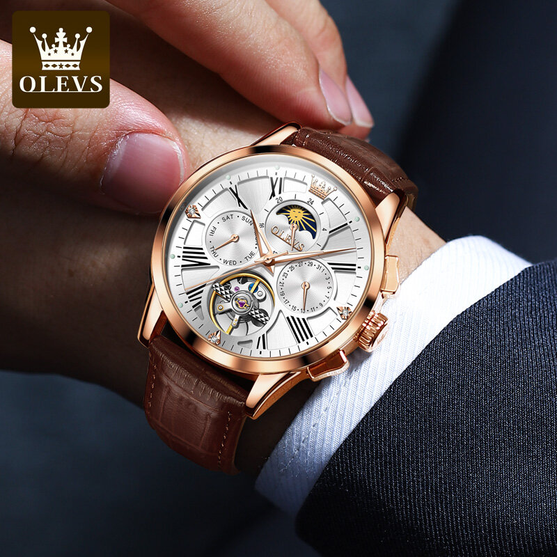 OLEVS Corium pasek w pełni automatyczne zegarki wysokiej jakości dla mężczyzn automatyczny mechaniczny biznes wodoodporny mężczyzna zegarek Luminous