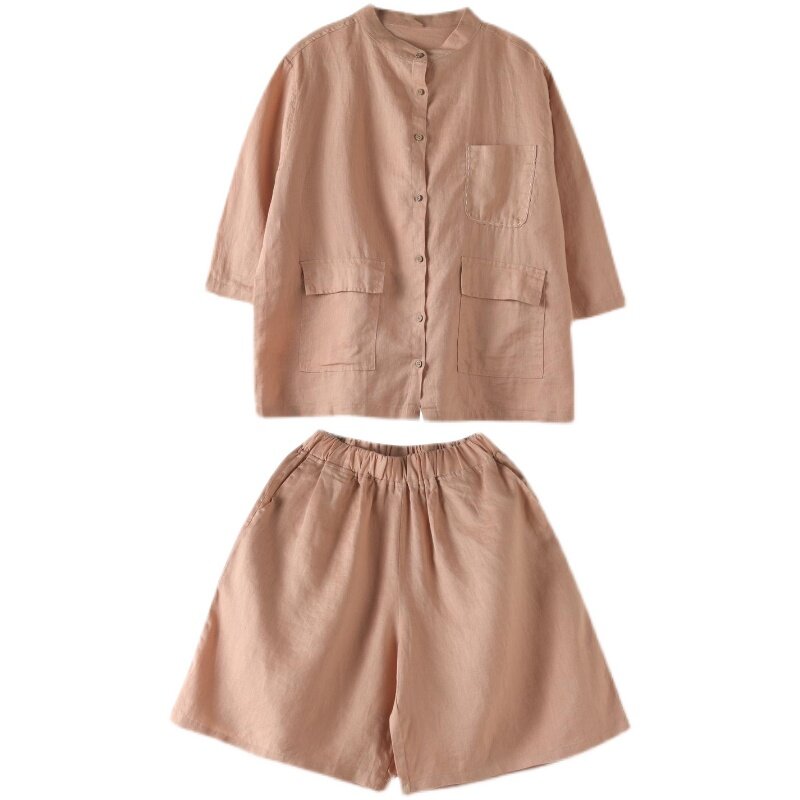 Duas peças outfits 2022 nova moda feminina conjuntos de roupas de linho cor sólida bolsos camisas shorts casuais solto ternos femininos
