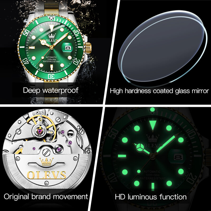 OLEVS อัตโนมัติสายนาฬิกาสเตนเลสผู้ชาย Submariner อัตโนมัติเต็มรูปแบบกันน้ำธุรกิจนาฬิกาข้อมือชาย