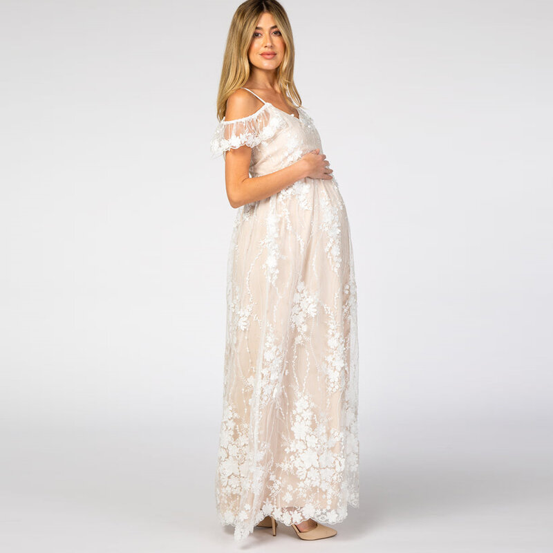Koronkowa suknia wieczorowa ciążowa siatkowy haft trójwymiarowa sukienka do fotografii z kwiatem róży sesja zdjęciowa dla kobiet
