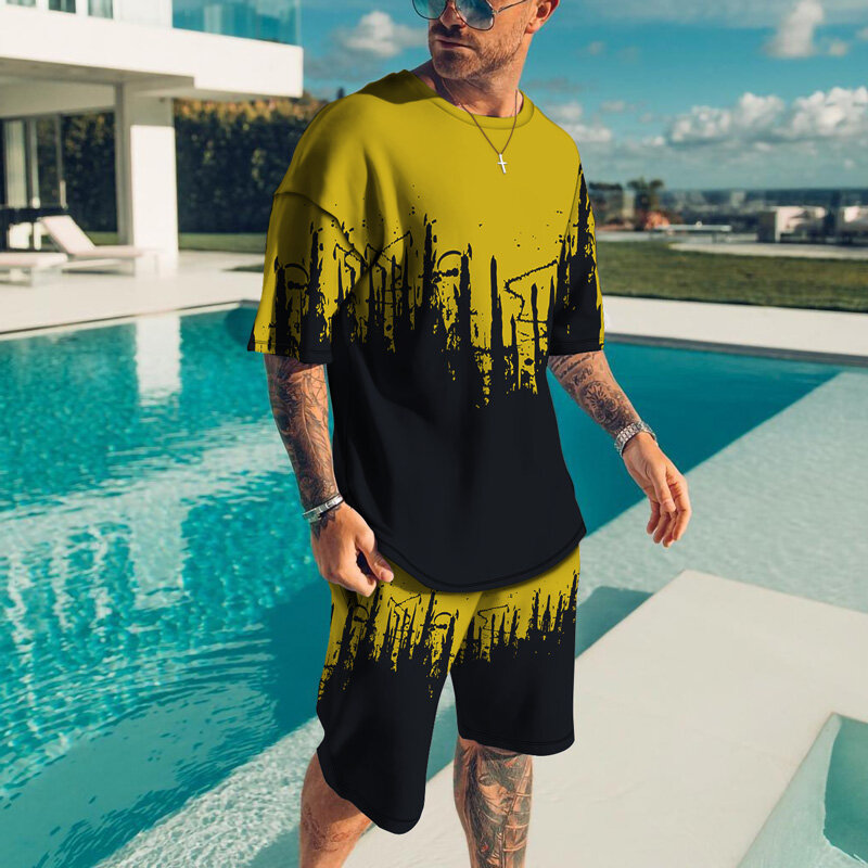 European and American Men's Summer Fashion Men's Hip Hop Sportswear Short Sleeve 3D Printing T-Shirt + Shorts Suit Streetwear