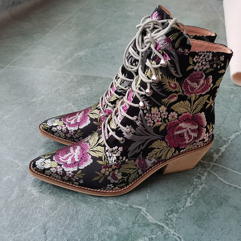 Botines con bordado de flores para mujer, zapatos de talla grande, 22-26,5 cm, envío gratis