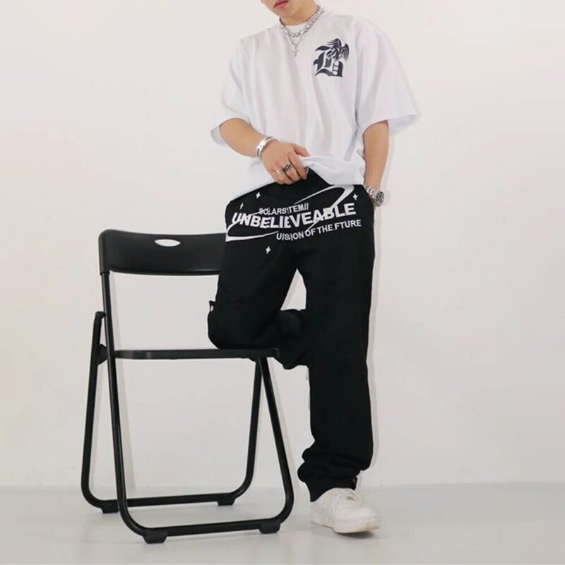 Джинсы мужские в стиле хип-хоп, модные трендовые Свободные повседневные прямые широкие брюки в американском стиле, с надписью, белые