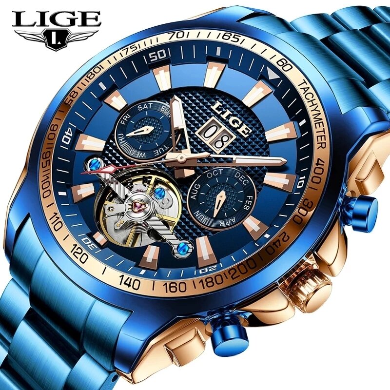 LIGE الياقوت الزجاج ساعة أوتوماتيكية الرجال العلامة التجارية الفاخرة كامل الصلب الرياضة ساعة ميكانيكية موضة 100 متر مقاوم للماء الرجال الساعات