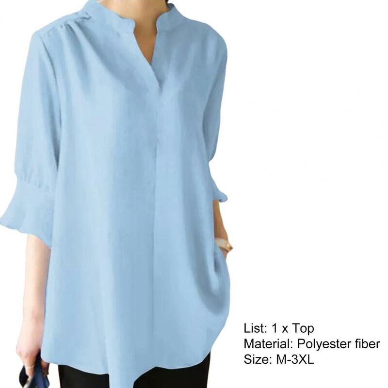 Свободная летняя рубашка средней длины с V-образным вырезом, однотонный пуловер с рукавом до локтя, блузка, женская одежда