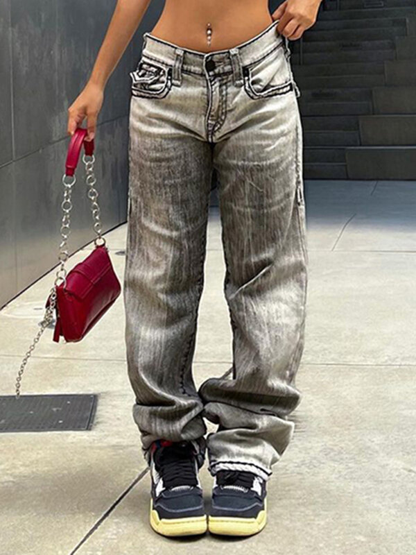 IAMSURE Gradient พิมพ์กระเป๋าขนาดใหญ่ตรงกางเกงยีนส์ลำลอง Streetwear ต่ำเอวกางเกงผู้หญิง2022กางเกงฤดูใบไม้ร่...