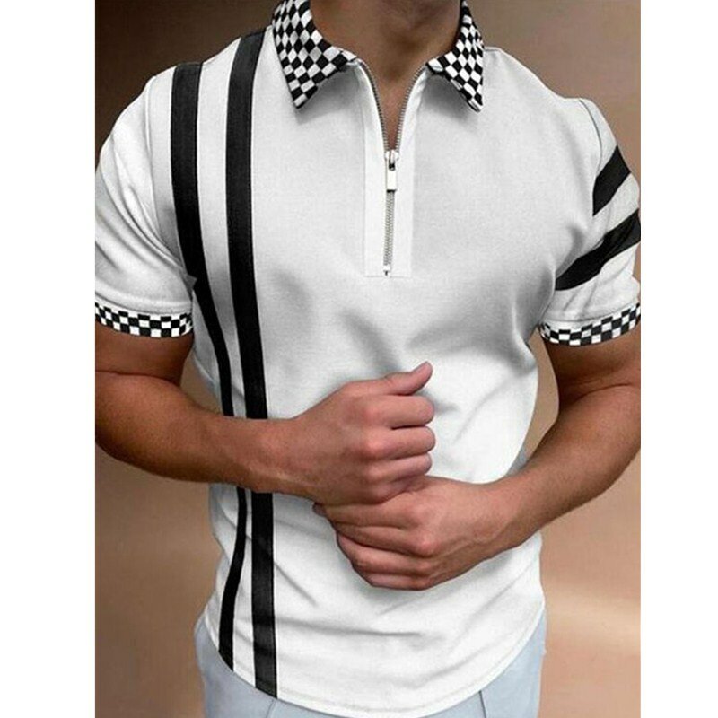 Pakaian Pria Musim Panas Kaus Polo Kaus Lengan Pendek Kasual Print 3D Streetwear Kemeja Polo Prom Ritsleting Kerah Lapel untuk Pria
